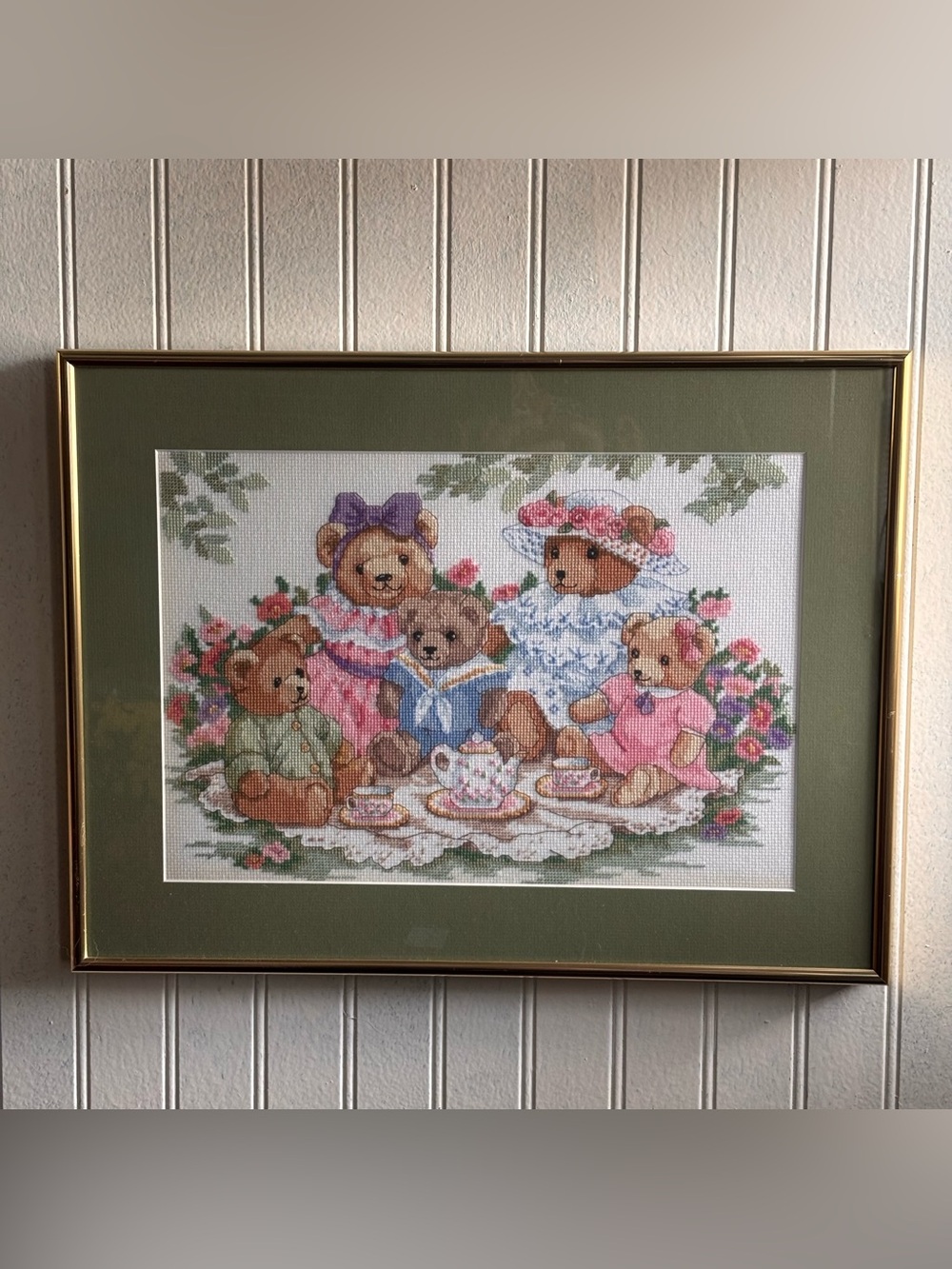 Whimsical Vintage Teddy Bear Tea Party, Framed Glass X-Stitch, Nursery Decor